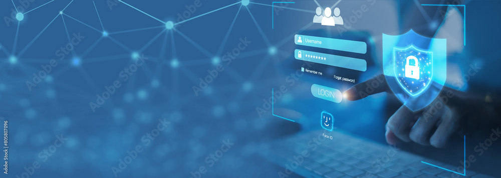 Poster businesswoman is using laptop for cybersecurity and privacy concepts to protect data. lock icon and 