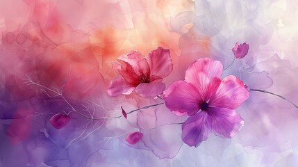 watercolor The image is a watercolor painting of pink and purple flowers. The flowers are set against a backdrop of soft, muted colors. The painting has a dreamy, ethereal quality.