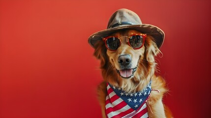Happy dog with American flag 4th of july. Cute golden Retriever wearing fashionable sunglasses hat bandana, celebrating Independence Day, Memorial Day in USA, freedom and patriot concept banner flyer.