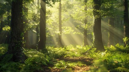 Forest Morning with Sunlight Filtering Through Trees