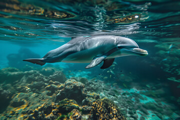 Fototapeta premium Underwater shot of a dolphin gracefully swimming in a coral reef, representing marine life in its natural, vibrant habitat