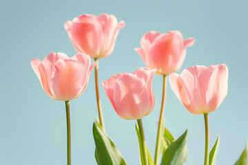 Fototapeta premium Soft pink tulips against a clear blue sky, conveying a sense of spring freshness and natural elegance in bloom