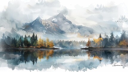 Naklejka premium watercolor The watercolor painting shows a beautiful mountain landscape with a lake in the front
