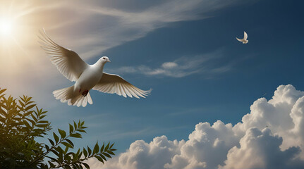 Sky bottom up view. Beautiful sunny sky. Flying white doves. Stretch ceiling sky model.
Keywords:.  Generative. Ai