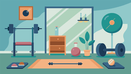 A home gym with a clean clutterfree layout and mirrors strategically p to reflect positive energy and motivation.. Vector illustration