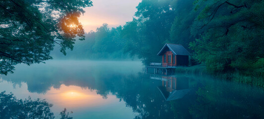 A small cabin is sitting on a dock in front of a lake - Powered by Adobe