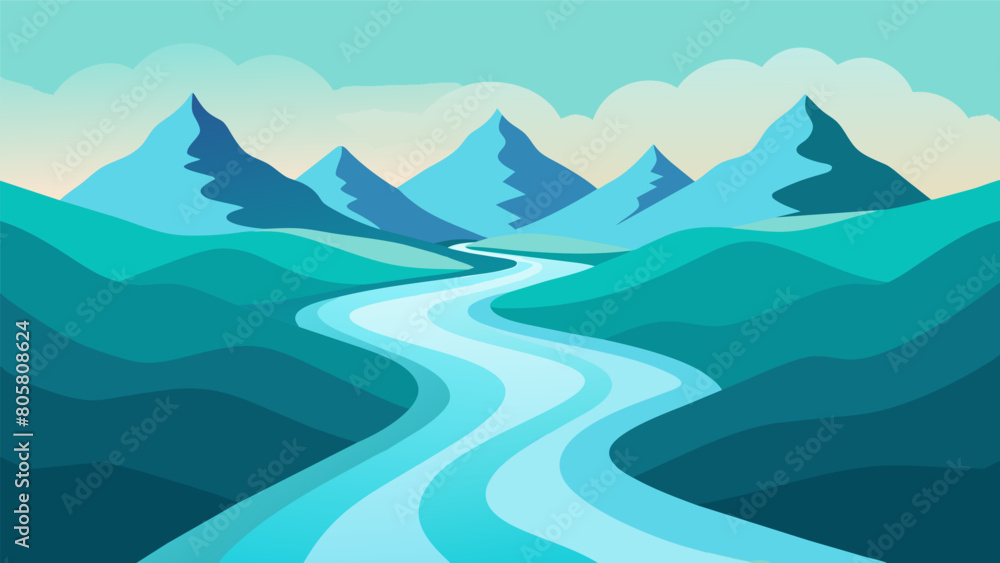 Poster a river flowing through a mountain range representing the constant ebb and flow of life and the stoi