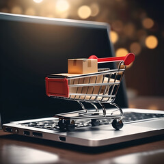 Shopping cart with gift parcel boxes on laptop computer Online retail e-commerce business concept