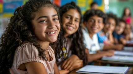 Obraz premium Smiling elementary school student sitting in class. Education at school and university. Schoolgirl student in the audience. Process of learning and education. 