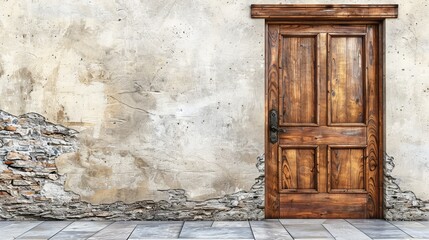   A wooden door facing a brick wall Below, a brick floor Behind, a stone wall with a brick border