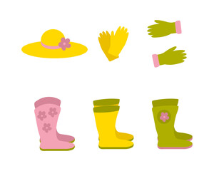 Hand drawn workwear for gardening clipart collection. Clothes for the garden flat set. Vector illustration isolated on white background.