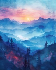 breathtaking panoramic view of a serene mountain range bathed in pastel sunrise hues using watercolors Include tiny figures engaging in hiking and camping activities for added depth and stor