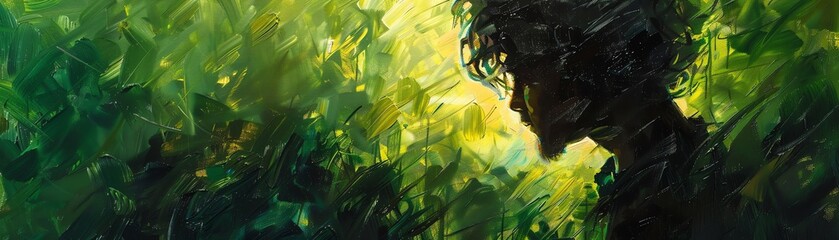 Bring to life the intensity of jealousy through the swirling strokes of oil paint on canvas Portray the towering presence of a figure from a worms-eye view, casting a shadow over the vibrant greenery