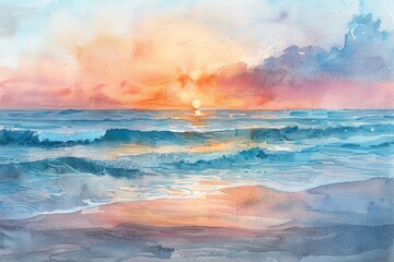 serene beach at sunrise, with distant figures gazing at the horizon in watercolor Enhance the sense of hope with soft pastel hues and gentle brushstrokes