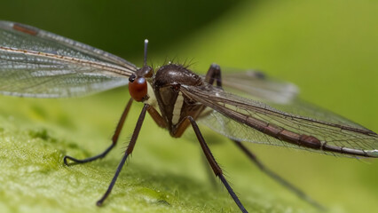 Closeup on a dance fly, Empis livida sitting on a green leaf

