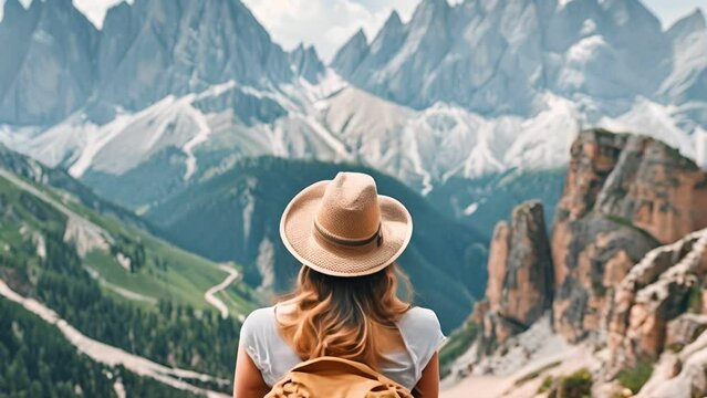 Woman traveler in sitting pose, mountain view background,