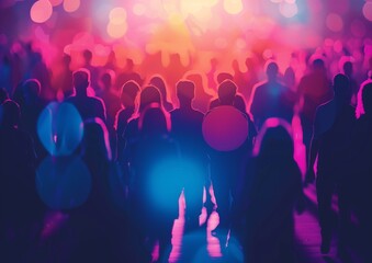 Colorful Concert Crowd Scene with Vibrant Backlit Atmosphere