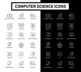 Black and white outline icon set of computer science and information technology. IT icon set of Informaion technology services.