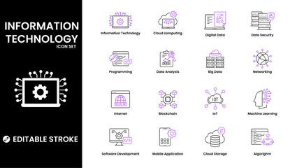 Modern thin line Icon set of information technology black and blue color. 