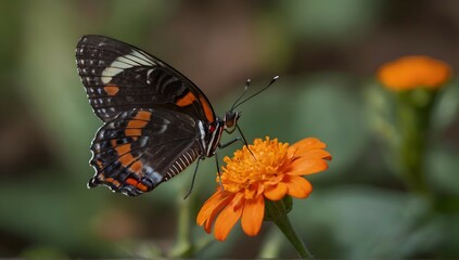 closeup shot of a beautiful butterfly with interesting textures on an orange-petaled flower