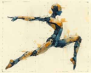 Illustrate a traditional art piece showcasing a side profile of a robotic ballet performer in mid-leap, utilizing a mix of watercolor and pen and ink techniques Convey the contrast between delicate ba