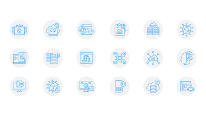 Set of information technology icons. Simple Blue thin line Artificial intelligence icon set. Blockchain, machine learning, chatGPT, Generative AI, Mobile app development, Cloud computing icons. 