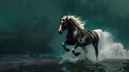 3d wallpaper, black and white horse on dark teal background
