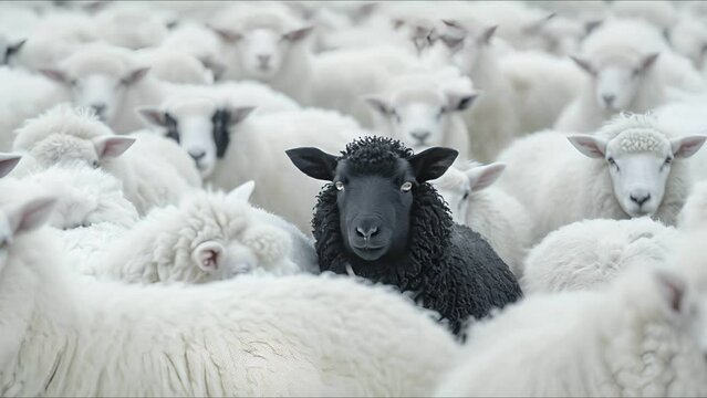 Lone black sheep among white sheep, clear background,