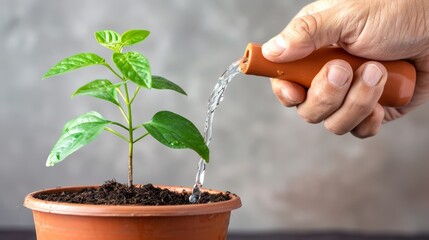   A person pours water from a can into a potted plant, as a sprout of water emerges from the plant