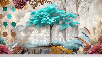 Whimsical tree on oak with white lattice, featuring vibrant leaves and a lush floral backdrop.