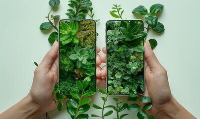 two hands holding smartphones end to end touching from opposite sides, with lush green plants 