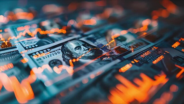 Macro shot of currency production, overlay inflation metrics,