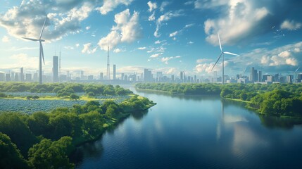 Wind power station, along a river with some windmills and solar panels