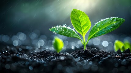   A green plant emerges from the ground, adorned with water droplets on its foliage and soil