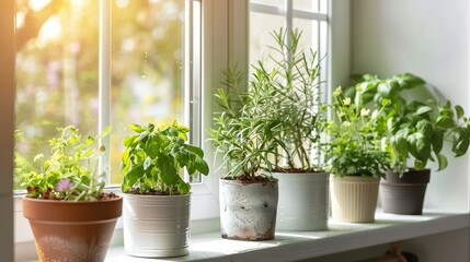   A row of potted plants sits atop a window sill, facing the window - Powered by Adobe