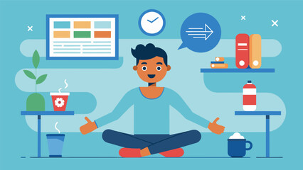 A poster in the break room lists the benefits of incorporating regular stretching and breathing breaks into the workday including increased focus and. Vector illustration