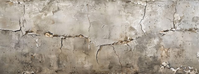 Fototapeta premium A flat texture of a wall with cracked plaster, showcasing the detailed cracks and textures in neutral tones to achieve an aged effect.