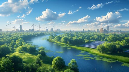 Wind power station, along a river with some windmills and solar panels