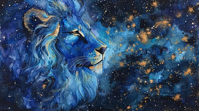 a mesmerizing watercolor depiction of space adorned with shimmering stars and the majestic Leo constellation, elegantly portrayed on textured watercolor paper
