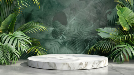 Product display podium decorated marble with pearls and leaves on aqua, 3d illustration