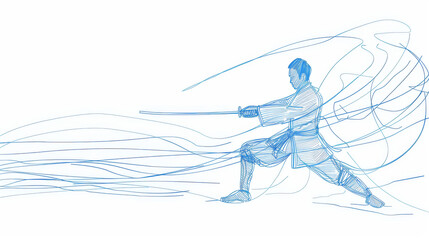 One continuous line drawing young sporty man training kendo defense move skill in dojo center. Healthy fighting martial art sport concept. Dynamic single line draw design graphic vector illustration