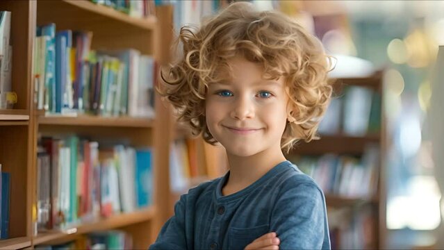 Curly haired boy, smart and smiling, education portrait,