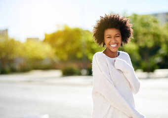 Portrait, smile and student in street to travel on campus, happy and excited with a girl in summer...