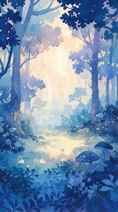 Obraz premium Arcane forest, watercolor, multicolor mushrooms, foggy dawn, eye level, enchanted atmosphere , cartoon style