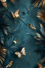 3d wallpaper, feathers and butterfly on dark teal background