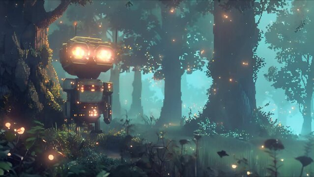 futuristic robot emerging from the depths of a mythical forest in a pixel art style