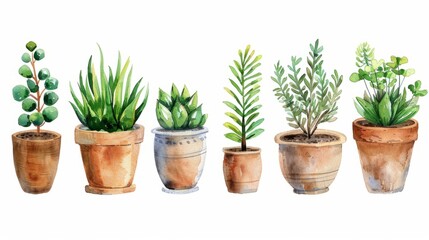 Fototapeta premium watercolor cute boho flower pot plants collection set isolated on white background