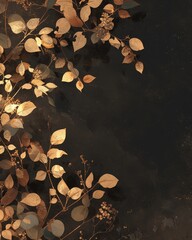 Gold leaf on black, watercolor, autumn whispers, abstract, on white, delicate veins , illustration style