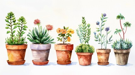 watercolor cute boho flower pot plants collection set isolated on white background
