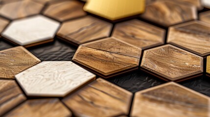 Close-up of natural wood hexagons with white gold joints and black seams.